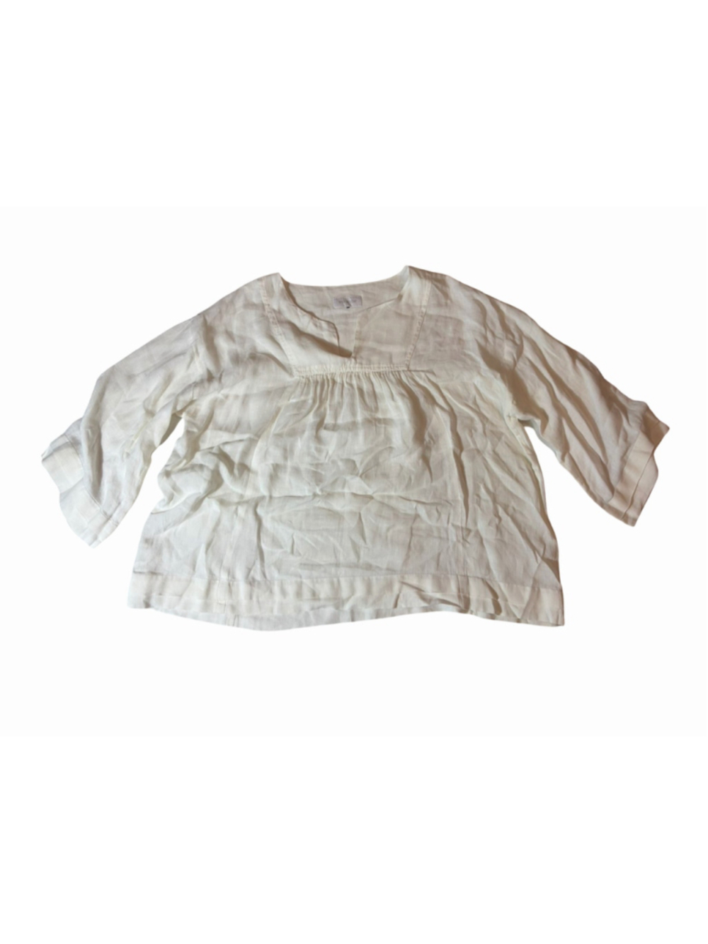 Eskandar Ivory 100% Linen Gathered Tunic Top Oversized Lagenlook Blouse